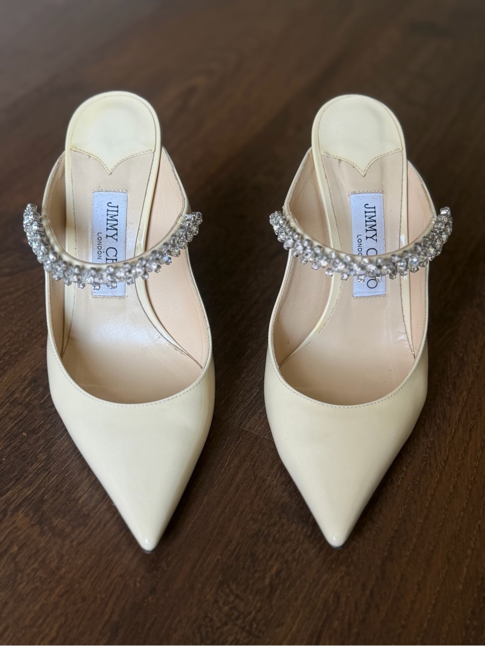Jimmy Choo Pale Cream Pointed Crystal-Strap Mules